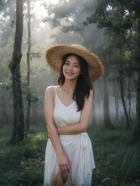 1girl,straw hat,cowboy shot,grass skirt,cowboy shot,lazy,elegant,curvy,flower,blue sky,dappled sunlight,((Fog and Mist)),(((Tyndall effect))),solo_focus,close-up,
<lora:slg_v30:0.4>,slg,((forest)),midwood,(grin:0.6),<lora:FilmVelvia3:0.4>,<lora:lowra_v10:0...