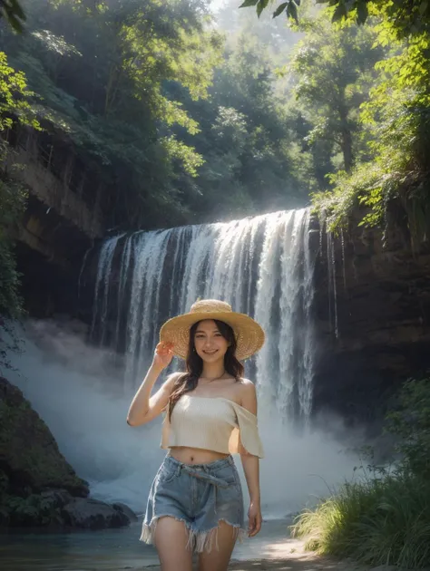 1girl,short hair,straw hat,grass skirt,cowboy shot,lazy,elegant,curvy,flower,blue sky,dappled sunlight,((Fog and Mist)),(((Tyndall effect))),solo_focus,close-up,
<lora:slg_v30:0.4>,slg,forest,rill,((waterfall)),midwood,(grin:0.8),<lora:FilmVelvia3:0.3>,<lo...