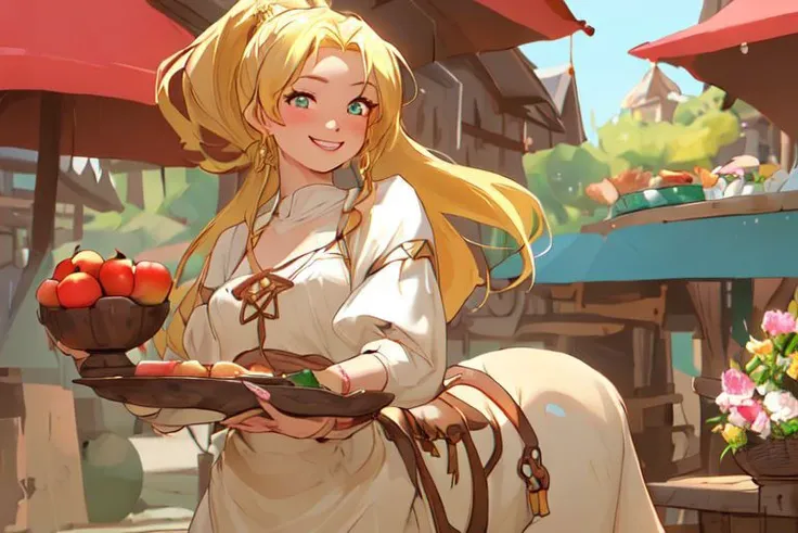 anime girl holding a tray of fruit in a market