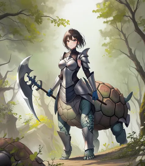 a woman in armor holding a large sword and a turtle