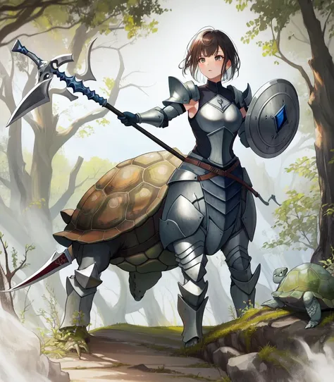 a woman in armor holding a sword and shield standing next to a turtle