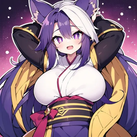 1girl, Soccer Field, Purple and magenta highlights hair, Sapphire eyes, Wolf-like Ears, huge breasts, Comb-Over with Fade, long hair, Hanbok for Boys (Korean traditional clothing for girls), Symmetrical position, arms out, <lora:SlitPupils:0.8>, IncrsSlitP...