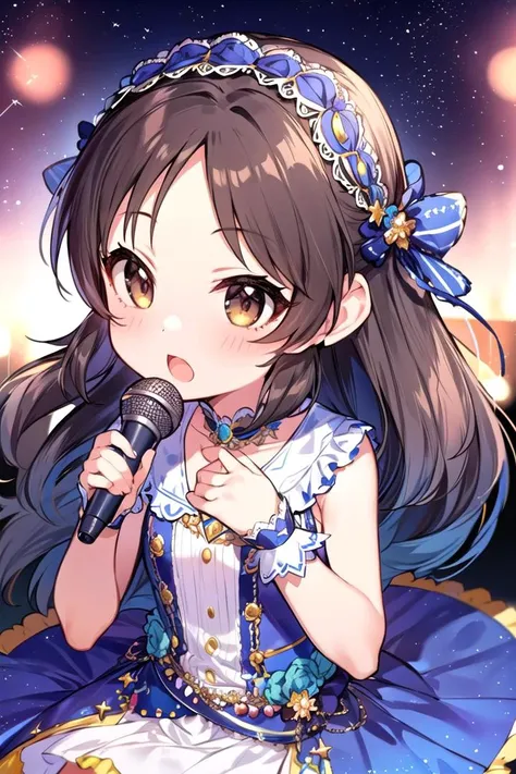 diorama, 1girl, (8k, best quality, masterpiece, perfect lighting:1.2),dynamic angle,
a photo of a precocious cute girl, tachibana arisu, idolmaster cinderella girls,  singing on the stage, (kawaii:1.2),
grabbing one microphone,
detailed grossy bule dress, ...