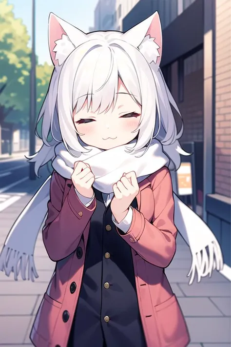 anime girl with white hair and a cat ears wearing a scarf