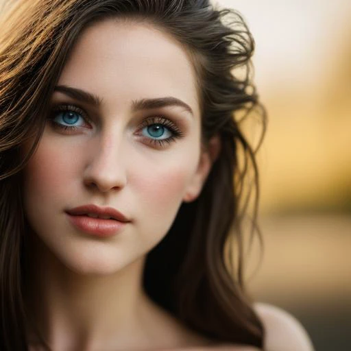 a close up of a woman with long hair and blue eyes