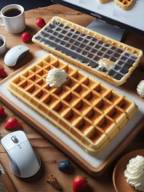 there is a waffle cake with whipped cream and strawberries on a cutting board