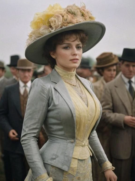 half length shot, Hasselblad, fujifilm color photo of shapely woman wearing layered intricate, slate and pastel lemon blouse, dress, jacket and hat, makeup at the horse races, (huge breasts:1.3), slim waist, big ass <lora:Belle_Epoque_Dresses_1880-1914_XL...