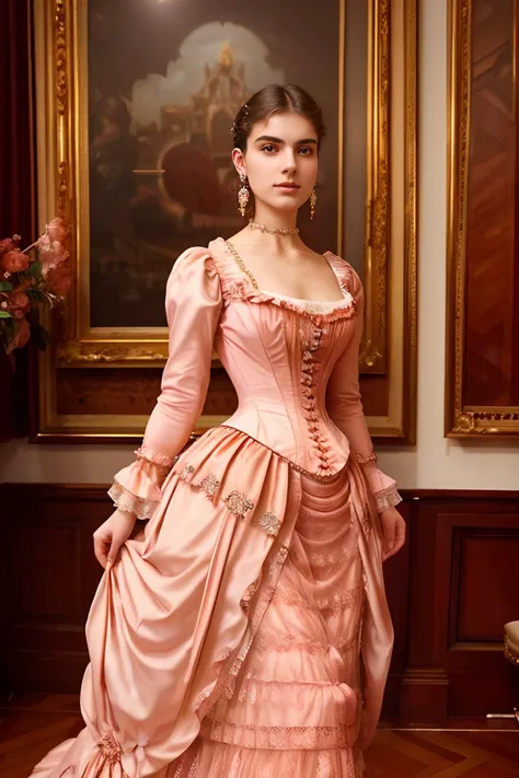 Photo of a beautiful 18 year old Italian woman, earrings, rich, wearing peach 1880_dr3ss day dress in a Victorian parlor <lora:1880_dress_v1:.8>  <lora:breastsizeslideroffset:-.4>