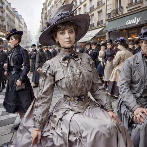 dynamic pose, action shot, dynamic angle, depth of field, (stunning gorgeous woman wearing a jacket, skirt and dress) with a hat on, sitting with men  in a sidewalk cafe in Paris in 1900, (looking at viewer), foggy, sidewalk crowds in background, clean fac...