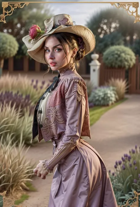 closeup from front, (looking at viewer:1.1), full color photo, looking at viewer,, woman:AnaD wearing a skintight dress, jacket, skirt,blouse,  big breasts, huge bust, detailed face, hair in bun, bright eyes,  holding an umbella, hat, in a victorian garden...