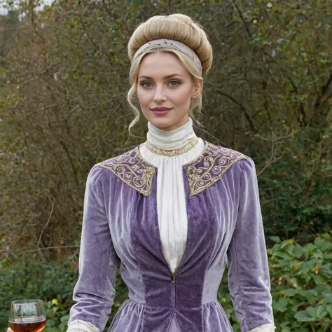 closeup drawing of shapely blonde woman, long neck, (looking at viewer), achingly beautiful, wearing an intricate, high-neck lilac and burnt umber velvet and silk jacket, skirt, white silk pleated blouse, cords, hat, detailed face, big breasts, makeup,...