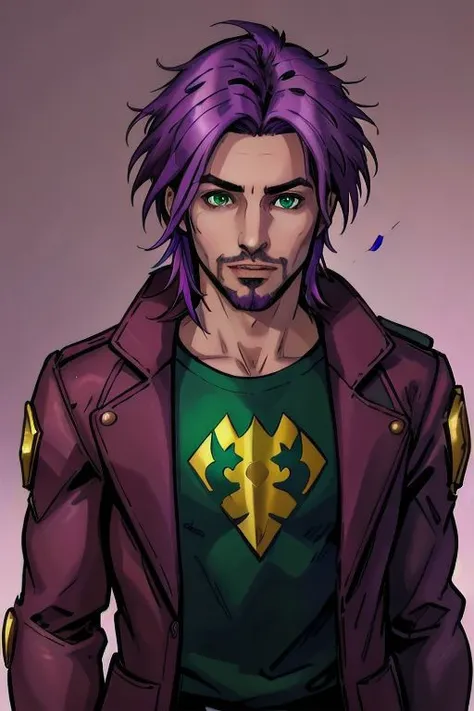 a drawing of a man with purple hair and a green shirt