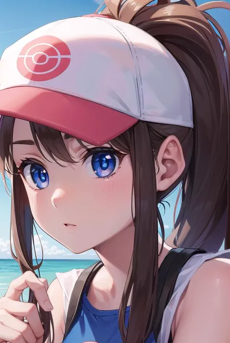 pokemonhilda, <lyco:pokemonhilda-lyco-nochekaiser:1>,
pokemonhilda, blue eyes, brown hair, long hair, ponytail, (small breasts:1.2),
BREAK baseball cap, blue shorts, denim, hat, shorts, vest, wristband, sleeveless, black vest, white shirt, shirt,
BREAK loo...