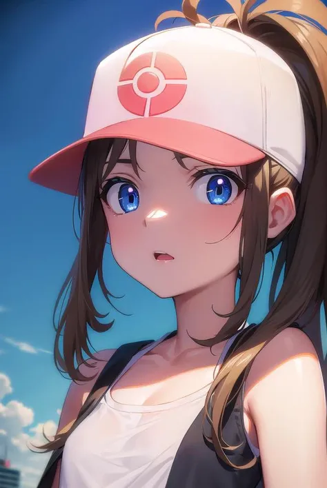 pokemonhilda, <lyco:pokemonhilda-lyco-nochekaiser:1>,
pokemonhilda, blue eyes, brown hair, long hair, ponytail, (small breasts:1.2),
BREAK baseball cap, blue shorts, denim, hat, shorts, vest, wristband, sleeveless, black vest, white shirt, shirt,
BREAK loo...