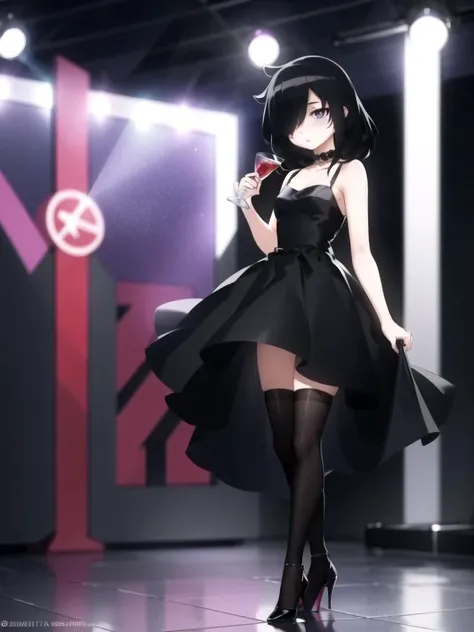 masterpiece, best quality, 1girl, solo, full body, concert background, cocktail dress, holding glass, thighhighs, high heels,  from front,<lora:tomoko_kuroki:1>, hair over one eye, bags under eyes,black hair,