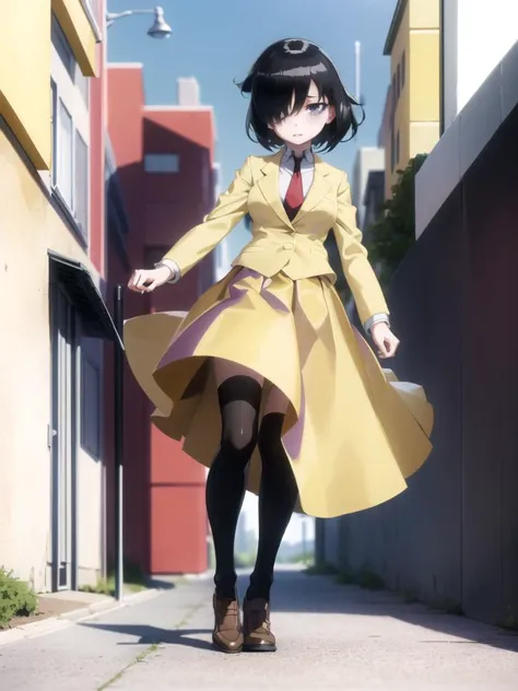 masterpiece, best quality, 1girl, solo, full body, running, happy, wind blow skirt up, street background, from front, <lora:tomoko_kuroki:1>, hair over one eye, bags under eyes,black hair, school uniform, black thighhighs, red necktie, yellow skirt, pleate...