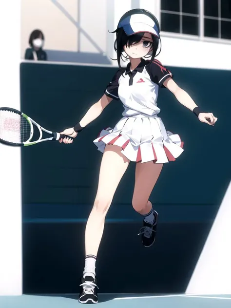 masterpiece, best quality, 1girl, solo, full body, running, holding tennis racket, tennis cord background, from front,<lora:tomoko_kuroki:1>, hair over one eye, bags under eyes,black hair, school sport outfit,