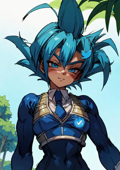 masterpiece:1.2, best quality, twitter-chan, hair ornament, necktie, thighhighs, shoulder armor, b4ttl3, (b4ttl3:1.2),<lora:b4ttl3-fc:0.6>, midriff, cleavage, blue hair, blue outfit, ((saiyan armor)), ((bodysuit)), armor, <lora:twitterchan-nvwls-v1-final:0...