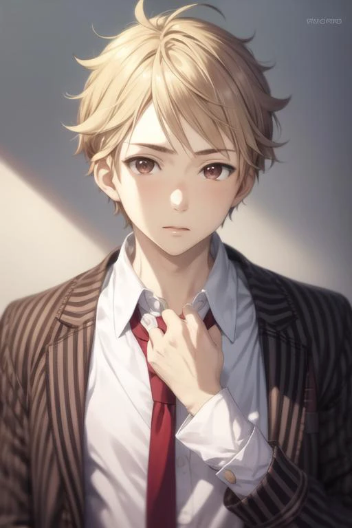 masterpiece, best quality, high quality, 1boy, solo, male focus, looking at viewer, upper body, <lora:akihito_kanbara:0.72>, akihito_kanbara, blonde hair, brown eyes, ,