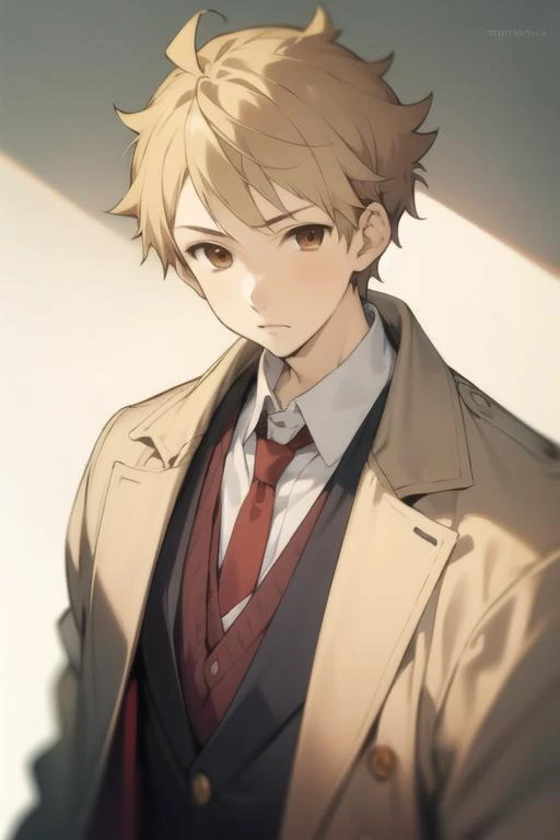 masterpiece, best quality, high quality, 1boy, solo, male focus, looking at viewer, upper body, <lora:akihito_kanbara:0.72>, akihito_kanbara, blonde hair, brown eyes, , coat