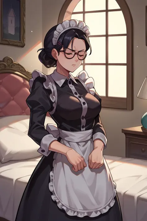 score_9, score_8_up, score_7_up, score_6_up, source_anime, BREAK 1girl, solo <lora:mspauling-pdxl-nvwls-v1-000008:0.9> mspauling, black hair, glasses, medium breasts, maid headdress, maid dress, apron, black dress, frills, closed eyes, annoyed, bedroom, ma...