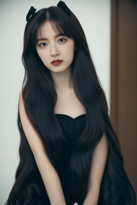 a woman with long black hair wearing a black dress