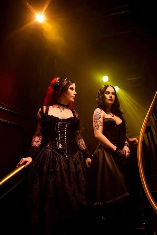 photo of   2girls in a goth club, pvc, ballroom dress, extensive tattoos, drinks, light at the staircase focus on face, intothe2...