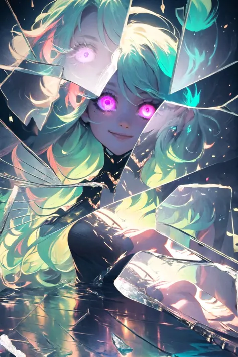 <lora:BrokenGlass:1>, IncrsBrknGls, broken glass, reflection, light smile, 1girl, refraction, water, floating hair, <lora:wrenchsfantasy-000016:1>, wrenchsfantasy, fantasy, glowing, glowing eyes, multicolored clothes, 1girl, green theme, jewelry,