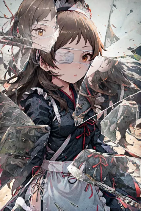 High Quality, Masterpiece, IncrsBrknGls, broken glass, reflection, <lora:BrokenGlass:1>, KitazawaEyepatch, eyepatch, wa maid, maid headdress, maid apron, japanese clothes <lora:KitazawaShiho:1>