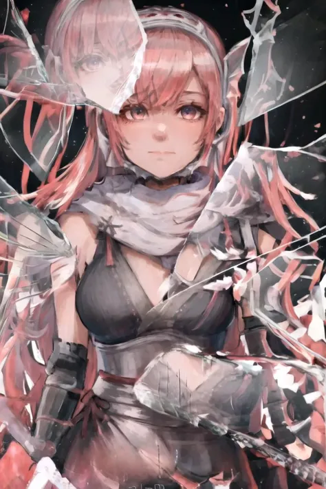 highly detailed
<lora:BrokenGlass:1> IncrsBrknGls, broken glass, reflection, cherche_ninja, large breasts, cleavage, medium breasts, closed mouth, upper body, japanese clothes, sleeveless, hand up, scarf, arm guards
Ultra-detail, highres, best quality, mas...