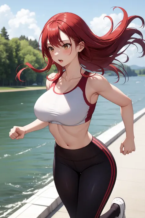 (masterpiece, best quality:1.2), 1girl, fiery long red hair, large breasts, yoga pants, sports bra, running, lake, wind