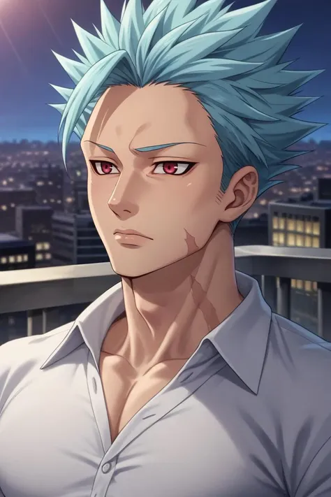 a man with blue hair and a white shirt standing in front of a city