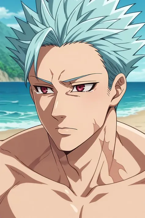 a man with blue hair and a white shirt on a beach