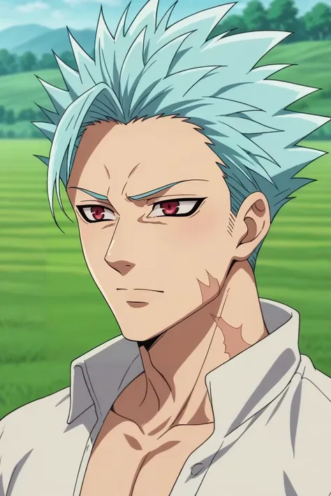 a man with blue hair and a white shirt is staring at the camera