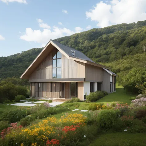 a view of a house with a large garden and a mountain in the background