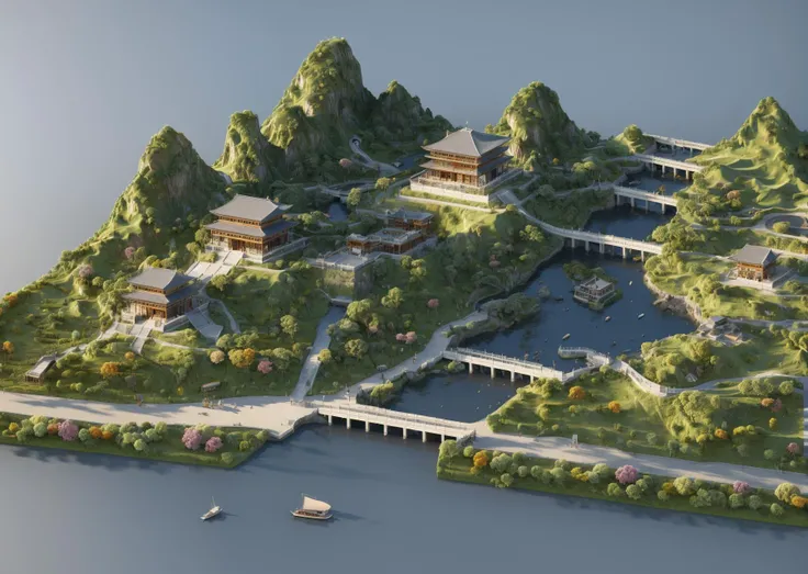 <lora:MiniMap-LORA_604517072118071621_minimap:0.8>,3D rendering effect,Jade stone,Architecture,Chinese style,Ancient Chinese architecture,Courtyard,Pavilion,Bridge,Rock,Mountain,Rivers,Golden color,Pine,Mountains and rivers,Peach blossom,Shrub,Miniature la...