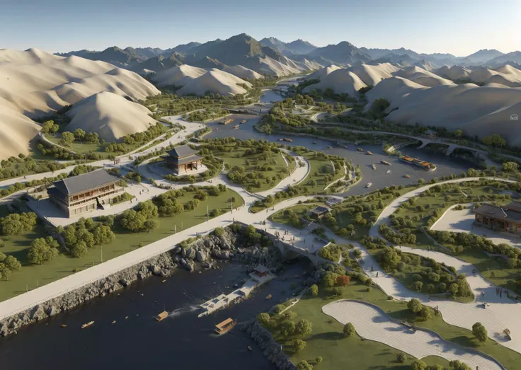 rendering of a landscape of a resort with a river and mountains