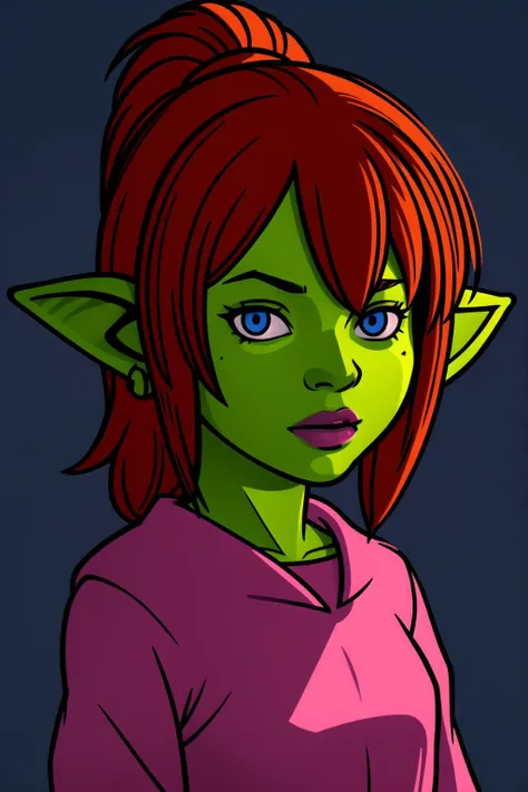 a cartoon image of a woman with red hair and green eyes