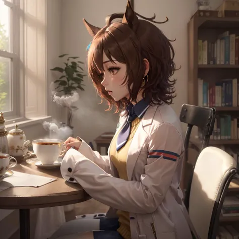 best quality, masterpiece, <lyco:agnes_tachyon_loha-000006:0.7>, agnes tachyon (umamusume), 1girl, indoors, bookshelf, teacup, steam, sitting, looking away, table, on chair, from side, (single earring, long sleeves, sleeves past wrists, sleeves past finger...