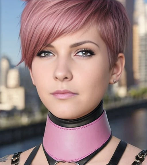 a close up of a woman with a pink hair and a choke