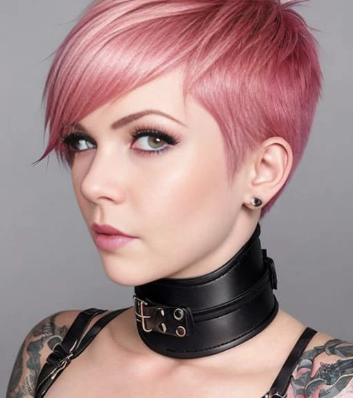 a woman with pink hair and a choke collar