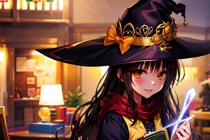 (masterpiece, best quality), intricate details, 1girl, <lyco:mikan_v1_locon:1>, yuuki mikan, witch outfit, witch hat, fantasy setting, detailed, dark fantasy backround, wand in right hand, holding open book in left hand, evil smile,