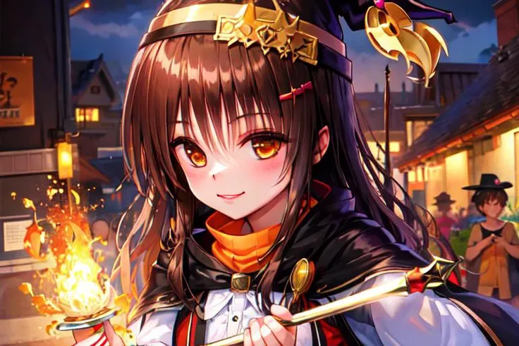 (masterpiece, best quality), intricate details, 1girl, <lyco:mikan_v1_locon:1>, yuuki mikan, witch outfit, witch hat, fantasy setting, detailed, dark fantasy backround, wand in hand, evil smile,