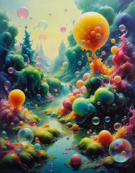 acidzlime, A surreal landscape with colorful bubbles and slimy creatures. A whimsical and playful painting in the style of Yoshitaka Amano.