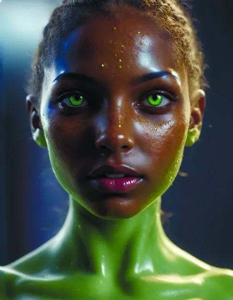 a woman with green eyes and a green body painted like a alien