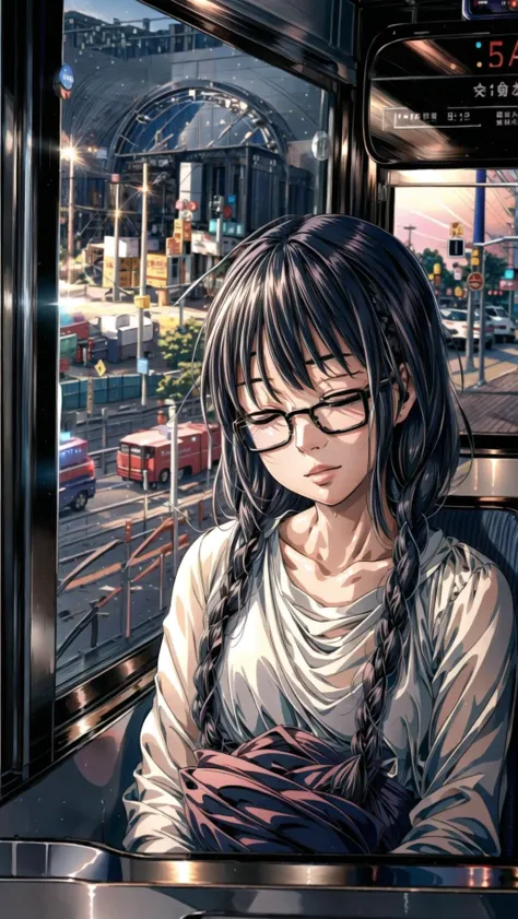 girls just wanna have fun,  BREAK,  <lora:add_detail:0.4>
<lora:177013 - Metamorphosis - Emergence:0.8> twin braids, glasses, black hair, closed eyes,  BREAK, 
(((   <lora:transportation_by_window:0.8> transportation_by_window, sleeping,  ))),, masterpiece...