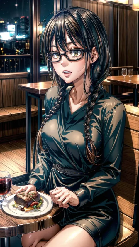 girls just wanna have fun,  BREAK,  <lora:add_detail:0.4>
<lora:177013 - Metamorphosis - Emergence:0.8> twin braids, glasses, black hair, green-brown eyes, happy, black dress,  BREAK,
((( fancy restaurant, sitting, at table, food, ))),, masterpiece, best q...