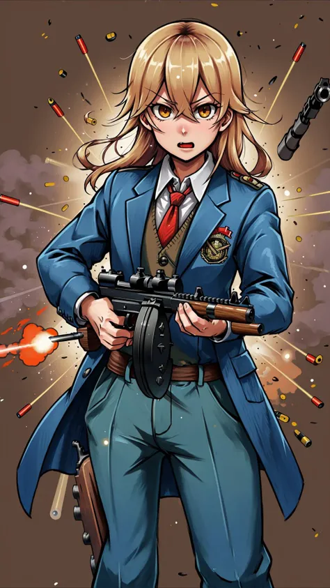 a cartoon picture of a woman in a suit holding a gun