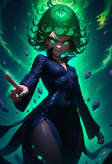 score_9, score_8_up, score_7_up, source_anime, from below, foreshortening, cowboy shot, pointing at viewer, 1girl, tatsumaki, green eyes, glowing eyes, green hair, angry, evil smile, small breasts, green fingernails, impossible dress, black dress, floating...