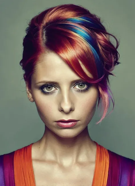 portrait of sks woman by Flora Borsi, style by Flora Borsi, bold, bright colours, rainbow Mohawk haircut, ((Flora Borsi)), <lora:locon_sarahmichellegellar_v1_from_v1_64_32:1.25>